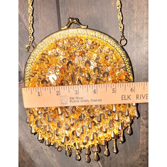 Vintage Gold Sequin Beaded Evening Bag Yellow Satin Kiss Lock Chain Strap Purse - Picture 2 of 7